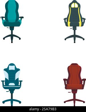 Quattro diverse sedie da ufficio eleganti ed ergonomiche illustrate su sfondo bianco. Set di moderne sedie da ufficio isolate di colore bianco Illustrazione Vettoriale