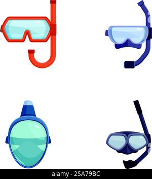 Assortimento di colorate attrezzature da snorkeling con maschere e boccaglio, ideali per attività subacquee. Set di immersioni da snorkeling e occhiali di protezione isolati su bianco Illustrazione Vettoriale
