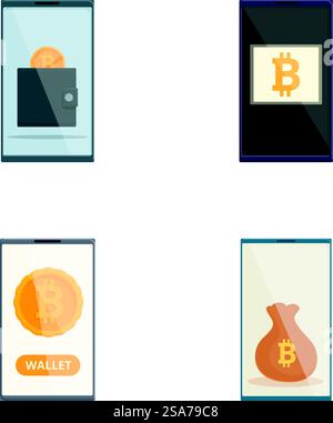 Icone di concetto di criptovaluta vettoriale dal design moderno e piatto per l'app di portafoglio mobile. Rappresenta la valuta digitale. Bitcoin. Transazioni sicure. Set di icone dal design piatto moderno che raffigurano vari concetti di criptovaluta e portafoglio Illustrazione Vettoriale