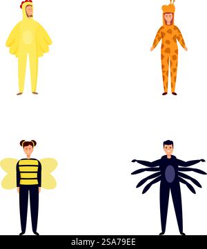 Quattro diversi personaggi dei cartoni animati vestiti da insetti colorati per feste o spettacoli teatrali. Set di personaggi dei cartoni animati in divertenti costumi di insetti Illustrazione Vettoriale