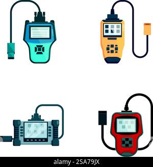 Raccolta di quattro icone vettoriali raffiguranti vari multimetri digitali per le misurazioni elettriche. Set di icone di multimetri digitali e apparecchiature di test Illustrazione Vettoriale