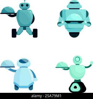 Collezione di quattro diversi robot di servizio in stile cartoni animati, ciascuno con un vassoio da portata Set di robot per la manutenzione dei cartoni animati con vassoi Illustrazione Vettoriale