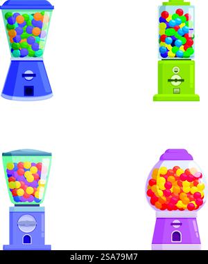Set di quattro vibranti e colorate macchine da gumball in stile cartoni animati su sfondo bianco. Collezione di colorate illustrazioni di macchine per la palla gommosa Illustrazione Vettoriale