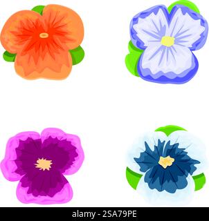 Collezione di fiori vettoriali vibranti e colorati con petali e foglie, perfetta per design floreale, opere d'arte botaniche ed elementi grafici decorativi in primavera ed estate. Set di quattro vivaci fiori vettoriali con petali e foglie dettagliate Illustrazione Vettoriale