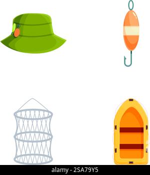 Collezione di quattro colorate icone piatte con equipaggiamento da pesca essenziale, un cappello, un gancio, una trappola per pesci e uno zaino Illustrazione Vettoriale