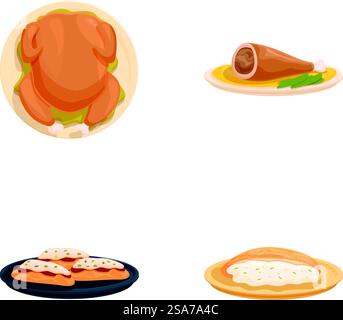 Collezione di illustrazioni vettoriali con diversi tipi di carni cotte, perfette per menu o disegni alimentari. Assortimento di carni cucinate tradizionali Illustrazione Vettoriale