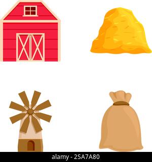 Set di illustrazioni vettoriali con elementi della fattoria, fienile rosso, pagliaio dorato, mulino a vento marrone e sacco. Set di icone agricole, fienile, pagliaio, mulino a vento e sacco Illustrazione Vettoriale