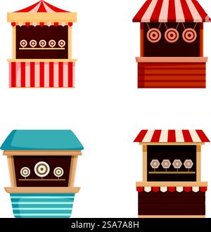 Illustrazione di quattro bancarelle colorate in stile cartoni animati su sfondo bianco. Serie di bancarelle per il mercato dei cartoni animati Illustrazione Vettoriale