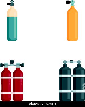 Collezione di quattro estintori colorati in stile cartoni animati, ideali per illustrazioni di sicurezza. Set di estintori a fumetti isolati su bianco Illustrazione Vettoriale