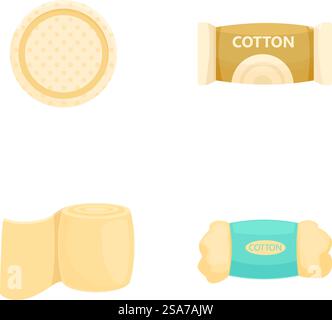 Set di illustrazioni vettoriali con quattro icone di prodotti in cotone, ideale per il settore sanitario e cosmetico. Assortimento di icone di prodotti in cotone Illustrazione Vettoriale
