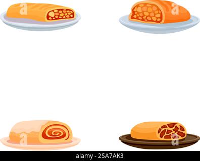 Raccolta di quattro illustrazioni vettoriali di diversi tipi di pane su piastre, isolate su bianco. Illustrazione del pane da forno assortito su piatti Illustrazione Vettoriale