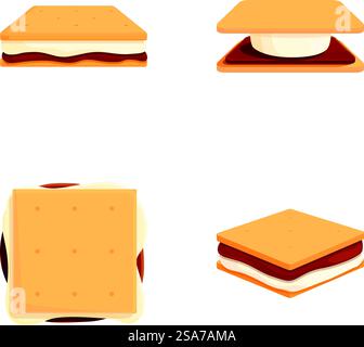Cartoni animati assortiti più illustrazioni con marshmallow. Cioccolato. E graham cracker. Perfetto per una deliziosa delizia estiva al falò. In un design vettoriale divertente e adatto ai bambini. Set di quattro illustrazioni in stile cartoni animati di smores con marshmallow e cioccolato Illustrazione Vettoriale