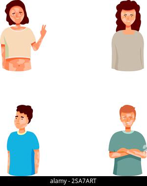 Raccolta di quattro personaggi dei cartoni animati con diverse espressioni e gesti, isolati sul bianco. Set di personaggi cartoonesi che esprimono emozioni Illustrazione Vettoriale