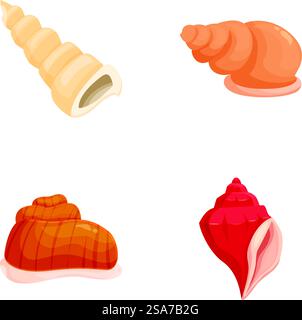 Quattro illustrazioni vettoriali di conchiglie assortite isolate su sfondo bianco. Set di colorate illustrazioni di conchiglie Illustrazione Vettoriale