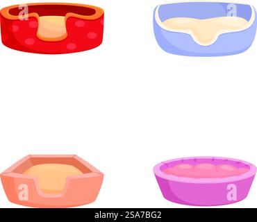 Collezione di colorate ciotole per cani a cartoni animati con cibo, isolate su sfondo bianco. Set di ciotole per cani a cartoni animati assortiti Illustrazione Vettoriale
