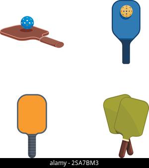 Collezione di illustrazioni con diversi tipi di racchette e palle da picchetto e ping pong. Set vettoriale isolato con palette da picchetto e da ping pong Illustrazione Vettoriale