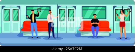 Persone che utilizzano i trasporti pubblici metropolitana treno passeggeri interni a bordo di un moderno tram vagone sotterraneo vuoto. I passeggeri utilizzano i mezzi di trasporto pubblici, in attesa della loro stazione Illustrazione Vettoriale