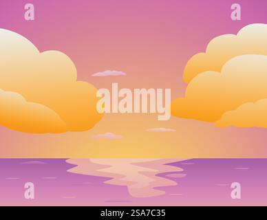 Oceano che riflette l'ultima luce di un tramonto colorato con grandi nuvole, un bellissimo paesaggio. Tramonto colorato che si riflette sull'oceano con grandi nuvole gialle e rosa Illustrazione Vettoriale