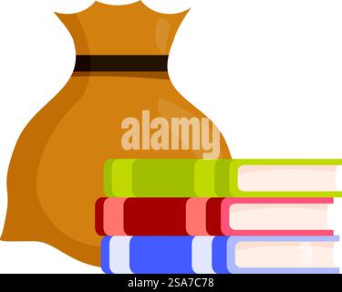 Una borsa piena di soldi si trova accanto a una pila di libri che rappresentano il concetto di costose tasse scolastiche. Borsa piena di soldi accanto a una pila di libri per il concetto di tassa scolastica Illustrazione Vettoriale