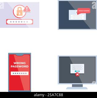 Illustrazione concettuale della notifica di errore digitale della password sul monitor del computer e sull'interfaccia utente dello smartphone. Illustrazione di un tentativo di accesso non corretto. Avviso di sicurezza della rete. Problema di accesso. Serie di illustrazioni che mostrano avvisi di password errate su varie schermate digitali Illustrazione Vettoriale