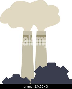 Illustrazione che mostra l'inquinamento industriale con fumo che fuoriesce da due camini. La costruzione di una fabbrica industriale è un ambiente inquinante con il fumo proveniente dai camini Illustrazione Vettoriale