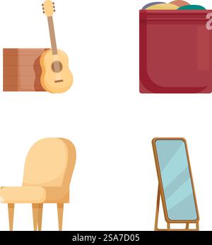 Set vettoriale di icone per interni con mobili, design, chitarra, parete, specchio, poltroncina, arredamento della casa, grafica moderna. Collezione di icone vettoriali per interni colorati Illustrazione Vettoriale