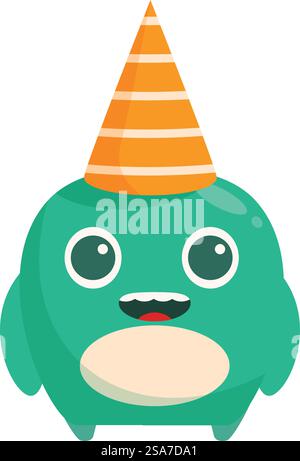 Felice mostro dei cartoni animati che indossa un cappello di compleanno sorridente. Buon mostro dei cartoni animati che indossa un cappello di compleanno sorridente Illustrazione Vettoriale