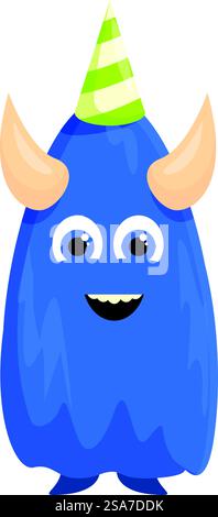 Simpatico mostro blu dei cartoni animati che indossa un cappello da festa e sorride. Mostro dei cartoni animati blu che indossa un cappello da festa e sorride Illustrazione Vettoriale