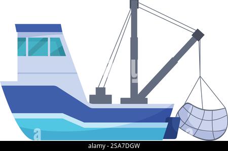 Il peschereccio sta abbassando la rete per la cattura del pesce nell'oceano, nel peschereccio commerciale e nell'industria marina. Rete di abbassamento per imbarcazioni da pesca per la cattura di pesci nell'oceano Illustrazione Vettoriale