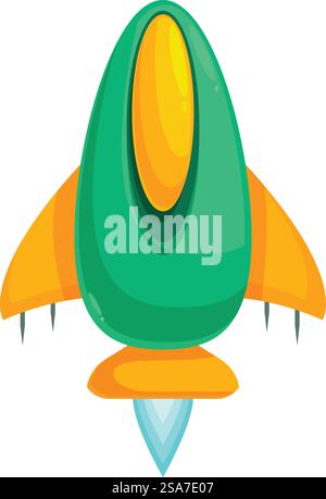 Navicella spaziale cartoni animati che vola con il fuoco, navicella spaziale che si lancia nello spazio. Razzi verdi e arancioni che si lanciano nello spazio con il fuoco blu Illustrazione Vettoriale