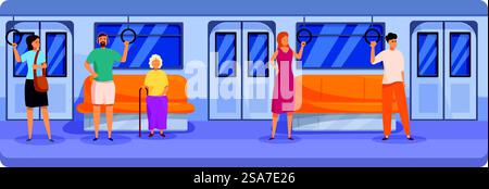 Persone diverse in piedi e sedute in una moderna macchina della metropolitana. Gruppi diversi di persone che viaggiano su un moderno treno della metropolitana Illustrazione Vettoriale