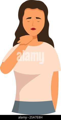 La giovane donna si sente male, soffre di mal di gola e si tocca il collo con disagio. Giovane donna che si sente male toccando il collo e ha mal di gola Illustrazione Vettoriale