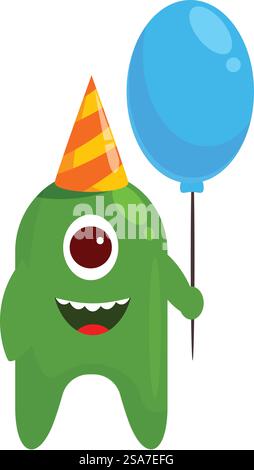 Buon mostro cartoni animati per festeggiare un compleanno o un'occasione speciale. Felice mostro verde con in mano una mongolfiera blu e un cappello da festa Illustrazione Vettoriale
