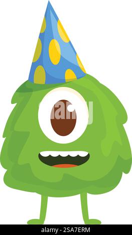 Mostro verde sorridente con un occhio che indossa un cappello blu da festa con puntini gialli. Divertente mostro verde con un occhio che indossa un cappello di compleanno blu sorride Illustrazione Vettoriale