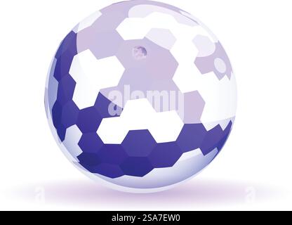 La sfera blu composta da esagoni riflette la luce su uno sfondo bianco. Sfera astratta composta da esagoni blu lucido su sfondo bianco Illustrazione Vettoriale