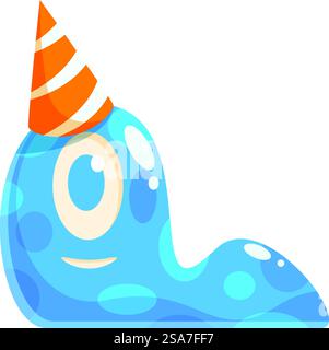 Mostro blu sorridente che indossa un cappello di compleanno bianco e arancione. Mostro blu carino che indossa un cappello di compleanno sorridente Illustrazione Vettoriale