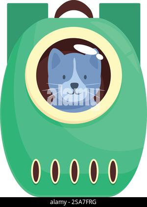Blue Tabby Cat sta godendo di un viaggio sicuro e confortevole in uno zaino verde da trasporto. Gatto tabby blu seduto in uno zaino da trasporto verde Illustrazione Vettoriale
