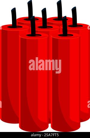 La dinamite rossa si attacca insieme, rappresentando pericolo e potenza esplosiva. Bastoncini di dinamite rossi impilati tra esplosivi Illustrazione Vettoriale