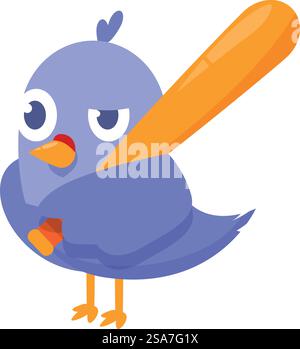 Uccello blu cartoni animati che tiene una mazza da baseball, sembra arrabbiato e pronto a dondolare. Uccello blu arrabbiato con una grande mazza da baseball Illustrazione Vettoriale