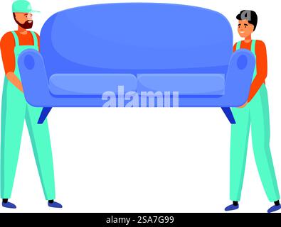 Due traslocatori stanno portando con sé un divano, un concetto di trasferimento e di trasloco. Due traslocatori che trasportano un divano, illustrazioni di servizio di una casa mobile Illustrazione Vettoriale
