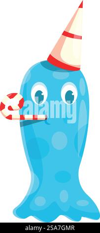 Illustrazione a fumetto di un mostro blu che indossa un cappello da festa e fa saltare in aria un soffiatore. Mostri blu che festeggiano una festa di compleanno che fa esplodere un soffiatore Illustrazione Vettoriale