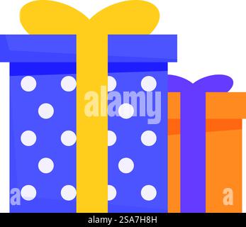 Due scatole regalo colorate con motivo a punti e un nastro giallo sono in attesa di essere aperte. Due confezioni regalo colorate con motivo a punti sono in attesa di essere aperte Illustrazione Vettoriale