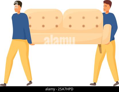 Due traslocatori che trasportano un divano, un concetto di trasloco e un servizio di trasloco. Due uomini che trasportano un divano, si trasferiscono in un nuovo appartamento Illustrazione Vettoriale