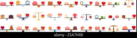 Set icone bilanciamento cuore cervello. Scegliere tra saggezza e amore, diversi concetti di equilibrio tra vita lavorativa e vita privata illustrati con cervelli e cuori posti su scale. Set icone bilanciamento cuore cervello. Set di icone Work Life Balance Concept, Brain and Heart on Scales Illustrazione Vettoriale