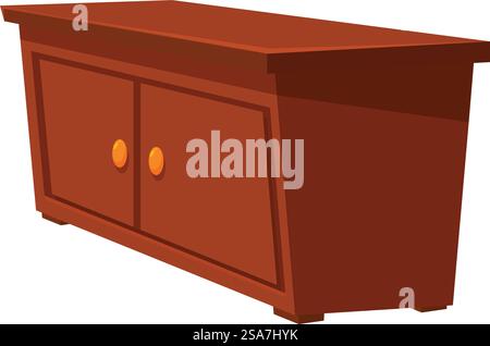 Questo supporto tv marrone in legno è perfetto per tenere un televisore e conservare gli accessori multimediali. Il supporto tv in legno isolato su sfondo bianco si trova sul pavimento Illustrazione Vettoriale