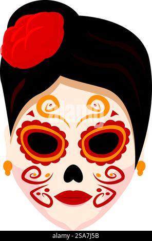 Ritratto di una bella giovane donna che indossa il tradizionale trucco con il teschio di zucchero per dia de los muertos. Giovane donna che indossa il trucco per il giorno della festa dei morti Illustrazione Vettoriale