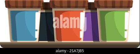 Cinque vasi di vetro colorati con coperchi in legno sono seduti su uno scaffale. Vasetti in vetro colorato con coperchi in legno organizzati sullo scaffale Illustrazione Vettoriale