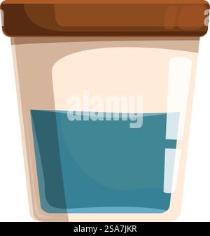 Il contenitore trasparente con coperchio marrone è parzialmente riempito con un liquido blu, che mostra le linee di misurazione. Contenitore in plastica trasparente contenente liquido blu con linee di misurazione Illustrazione Vettoriale