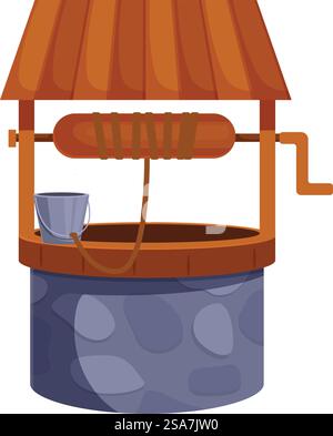 Antico pozzo d'acqua in pietra con tetto in legno e secchio in metallo appeso sulla corda ti attende per placare la sete. Vecchio pozzo d'acqua con tetto in legno e secchio in metallo appeso alla fune Illustrazione Vettoriale