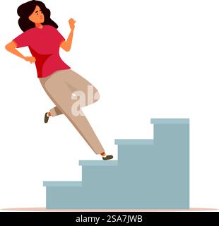 Una giovane donna sta cadendo dalle scale e sta per avere un incidente. Una giovane donna che inciampava sulle scale per un incidente Illustrazione Vettoriale